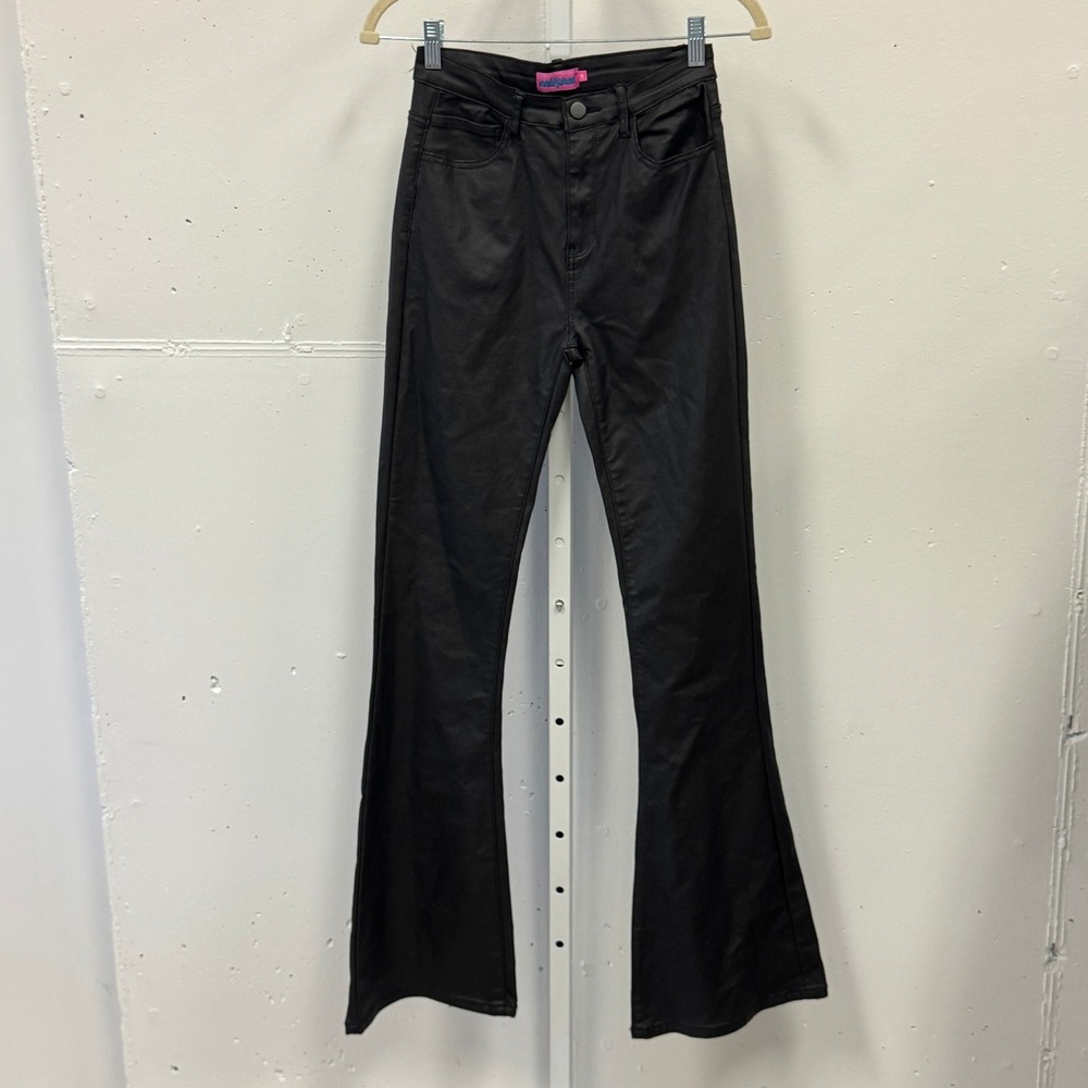 Edikted Coated High Rise Flare Jeans Waxed Denim Pants Size Medium Black Stretch